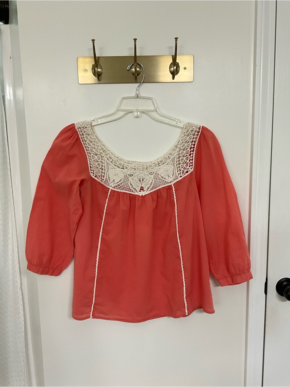 Kenar Coral Crochet Lace Blouse Size S Cotton Boho Peasant Top Cottagecore